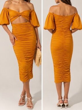 Elle Zeitoune Naira Ruched Off Shoulder Cut Out Marigold Resortwear Midi Dress